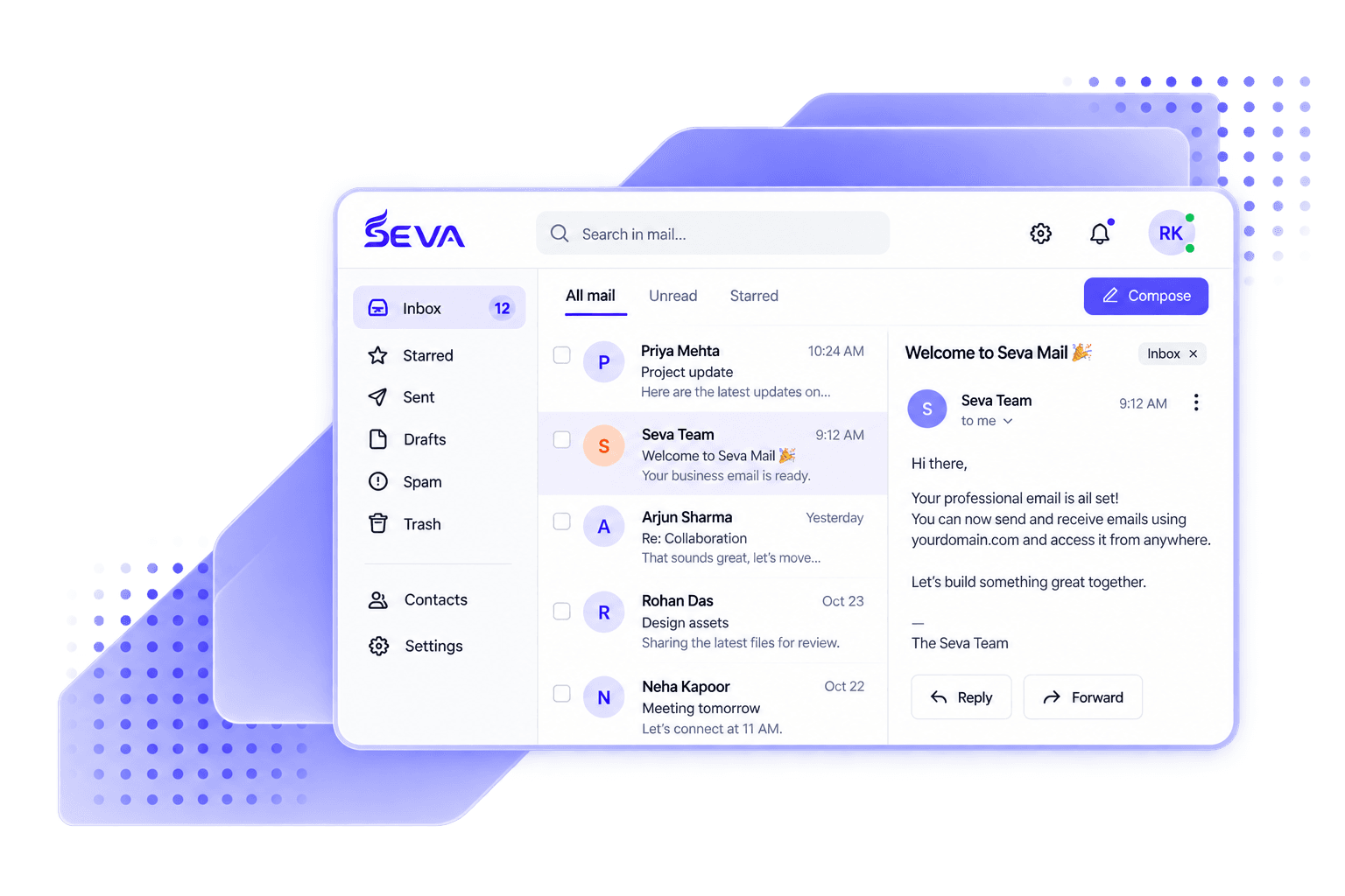 The SEVA Mail inbox: a message list beside an open welcome email, with folders for Inbox, Starred, Sent, Drafts, Spam and Trash.