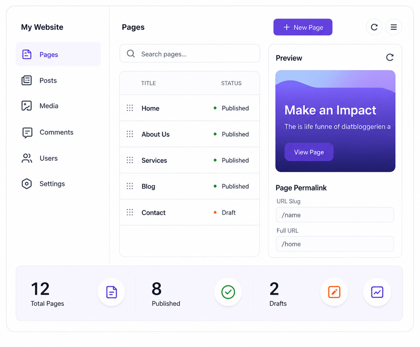 Website page manager dashboard
