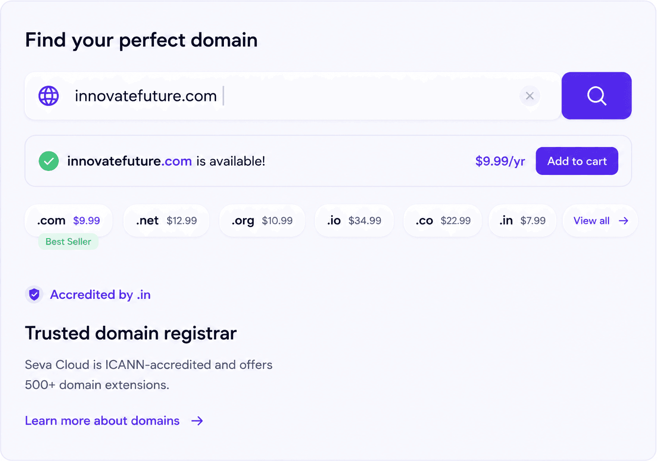 Searching for a domain name and seeing live availability and pricing